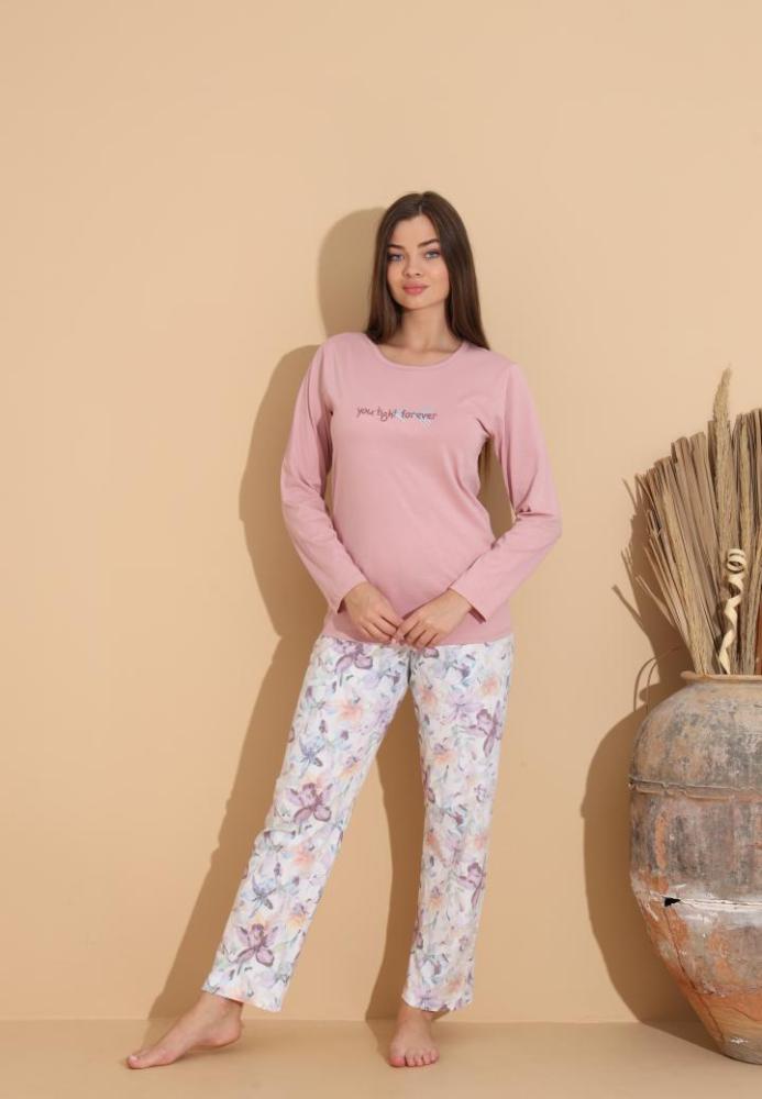 Pijama Dama „You Tight Forever'" ,Pantaloni si Maneca Lunga,Culoare Roz Pudra,Engros